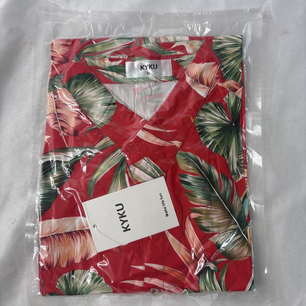 KYKU Red Hawaiian Button Up Short Sleeve Men's XL Tropical Streetwear Shirt NEW